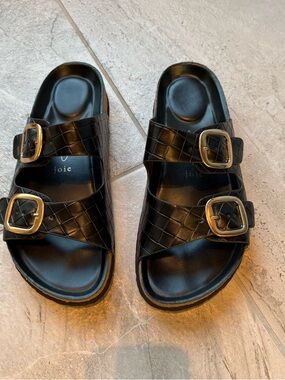 Joie Black Woven Double-Buckle Slide Sandals with Gold Buckles